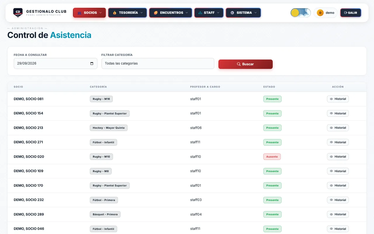 Control de asistencia de Gestionalo Club (datos de demostración)