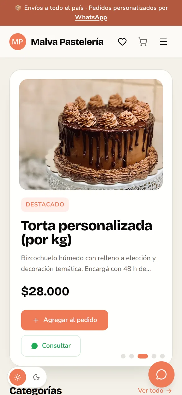Malva Pastelería en el celular: una tienda de ejemplo hecha con Gestionalo Tienda