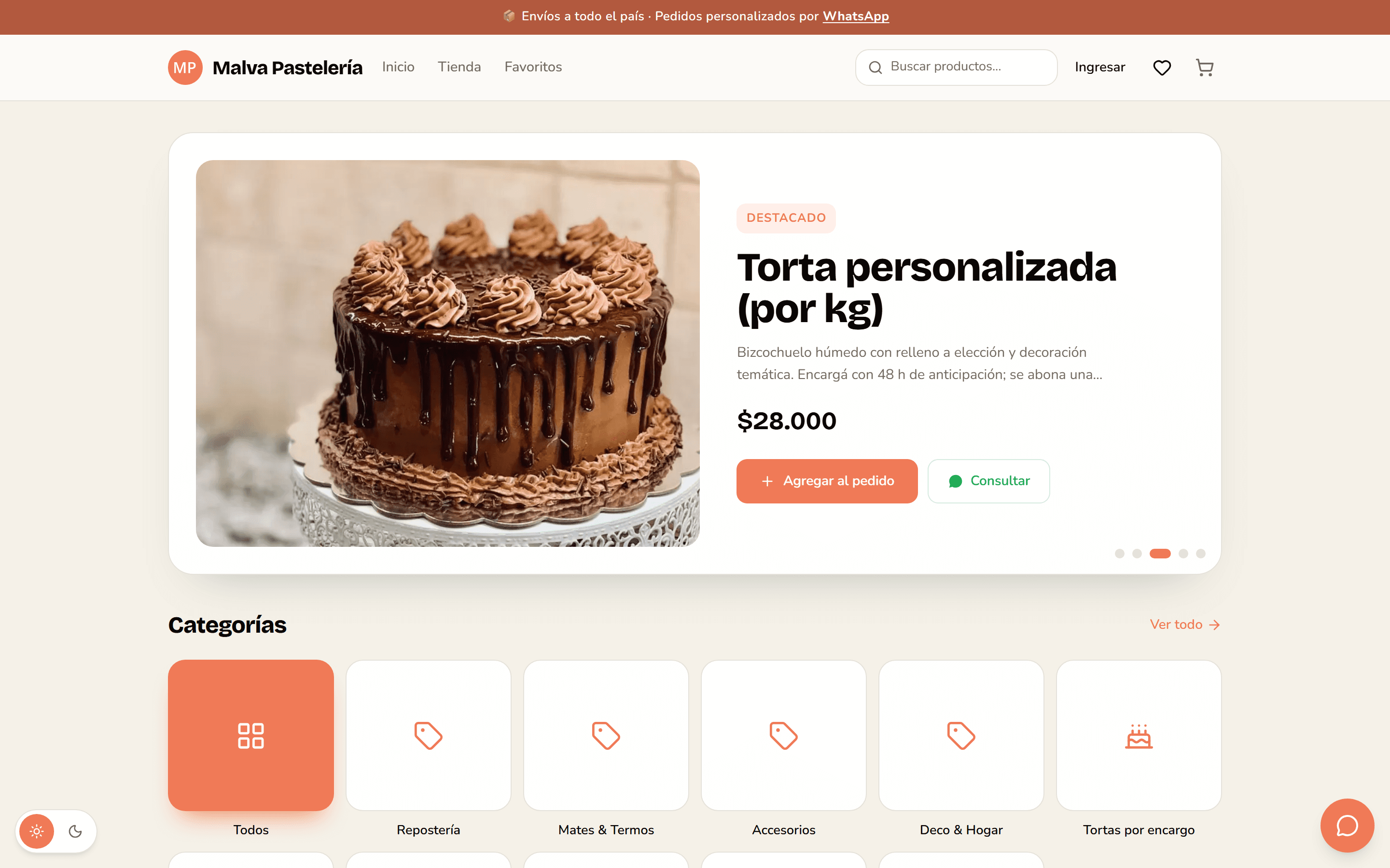 Storefront de una tienda real creada con Gestionalo Tienda: producto destacado, precio y botón de pedido