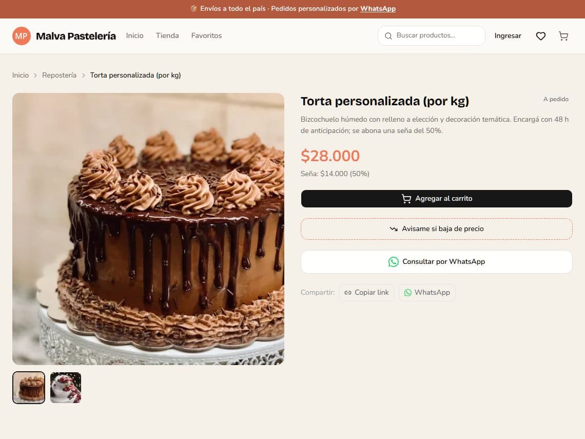 Ficha de una torta a pedido en la tienda demo, con la seña a la vista