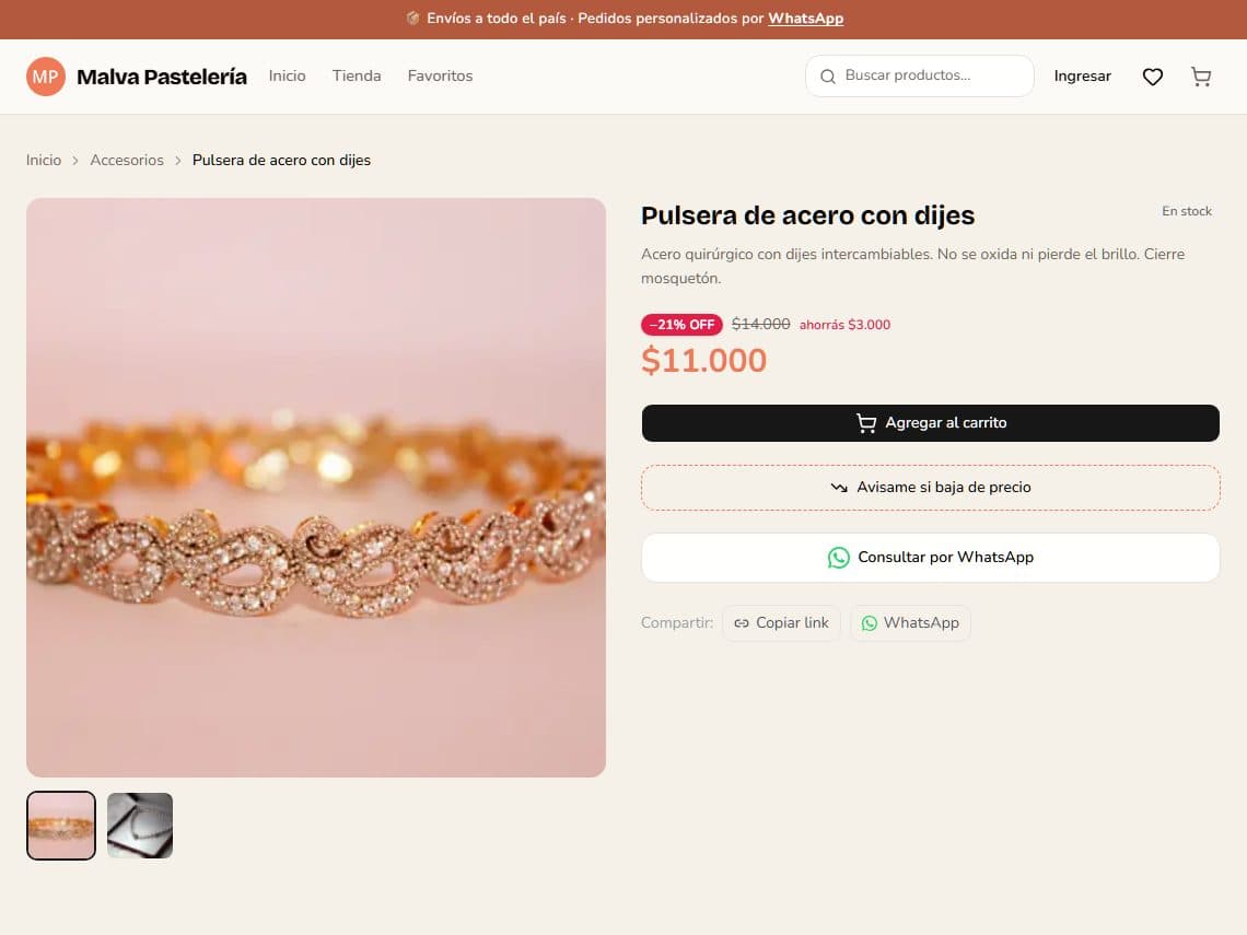 Ficha de una pulsera en oferta en la tienda demo
