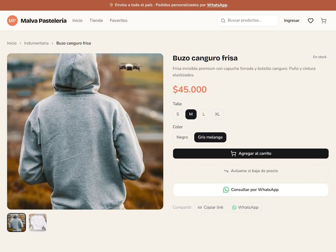 Ficha de un buzo en la tienda demo, con talle y color elegidos