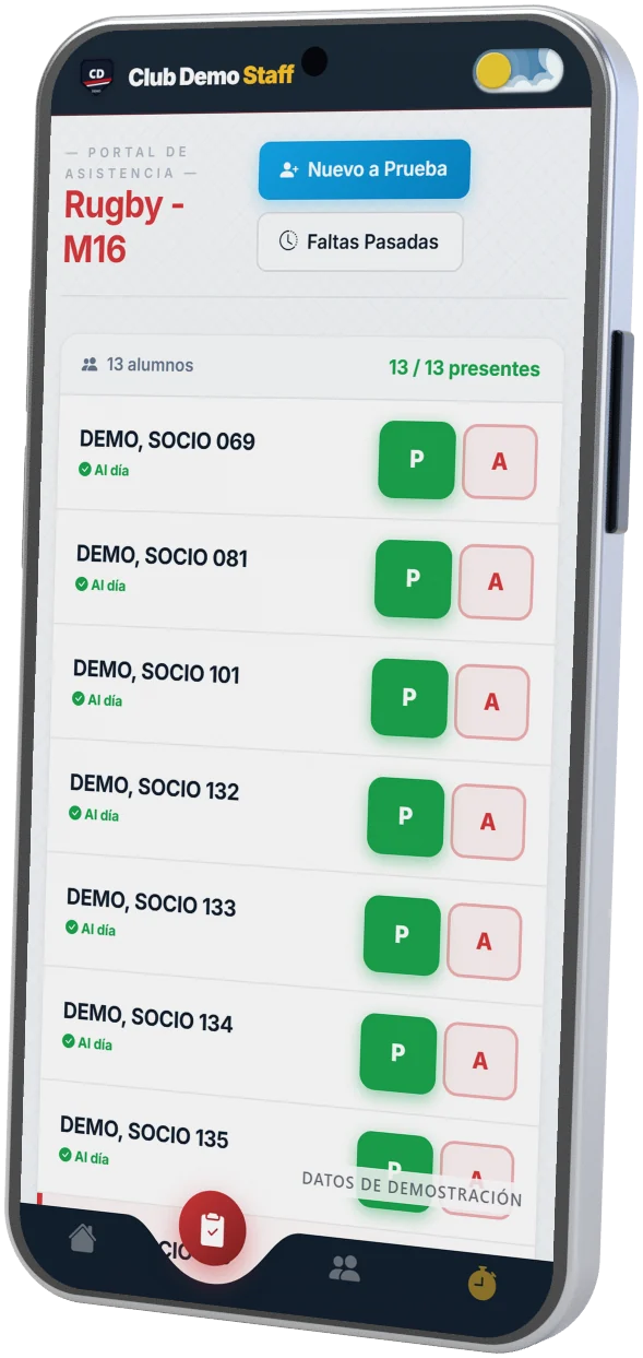 Lista de asistencia de una categoría en un teléfono, con presente y ausente (datos de demostración)