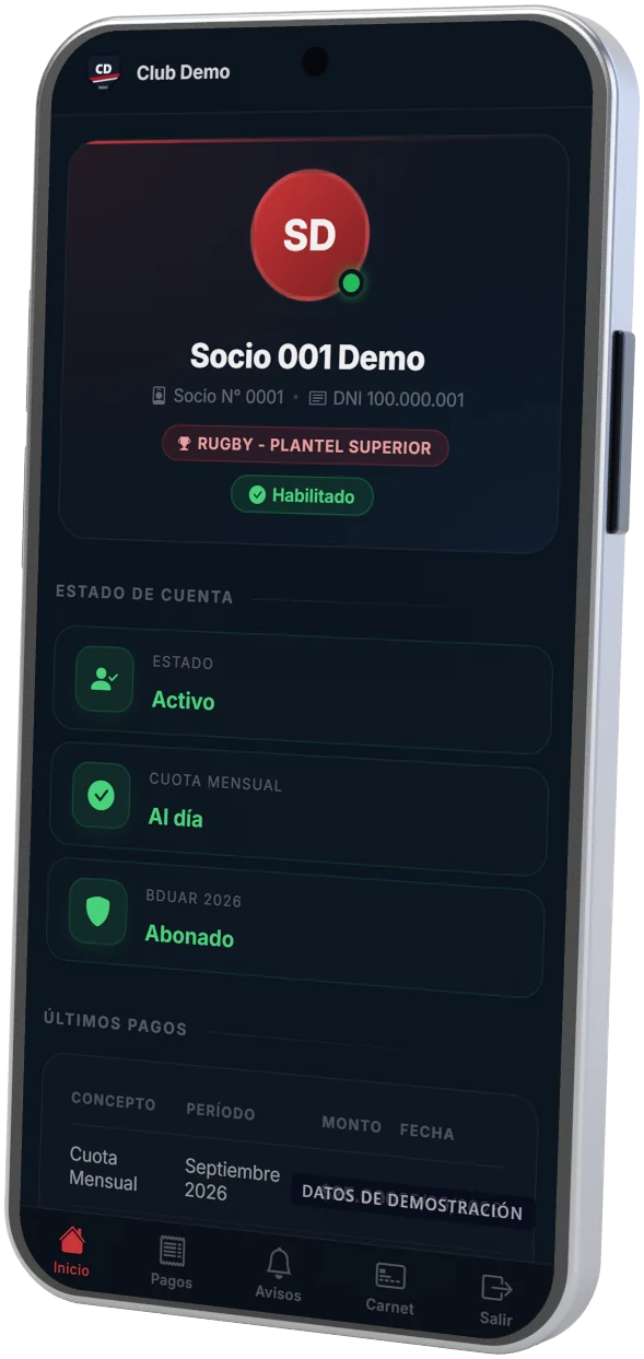 Portal del socio con la cuota mensual al día (datos de demostración)